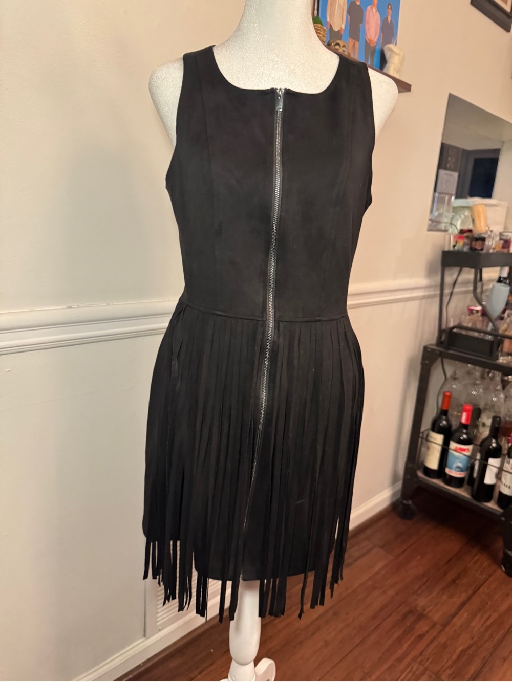NOLESS Black Faux Suede Fringe Dress Zip Front Sleeveless Boho Western M